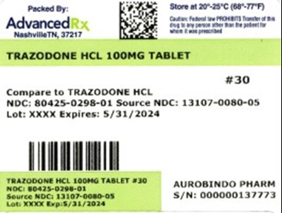 label 1 - Trazodone HCL 100mg 80425 0298 01